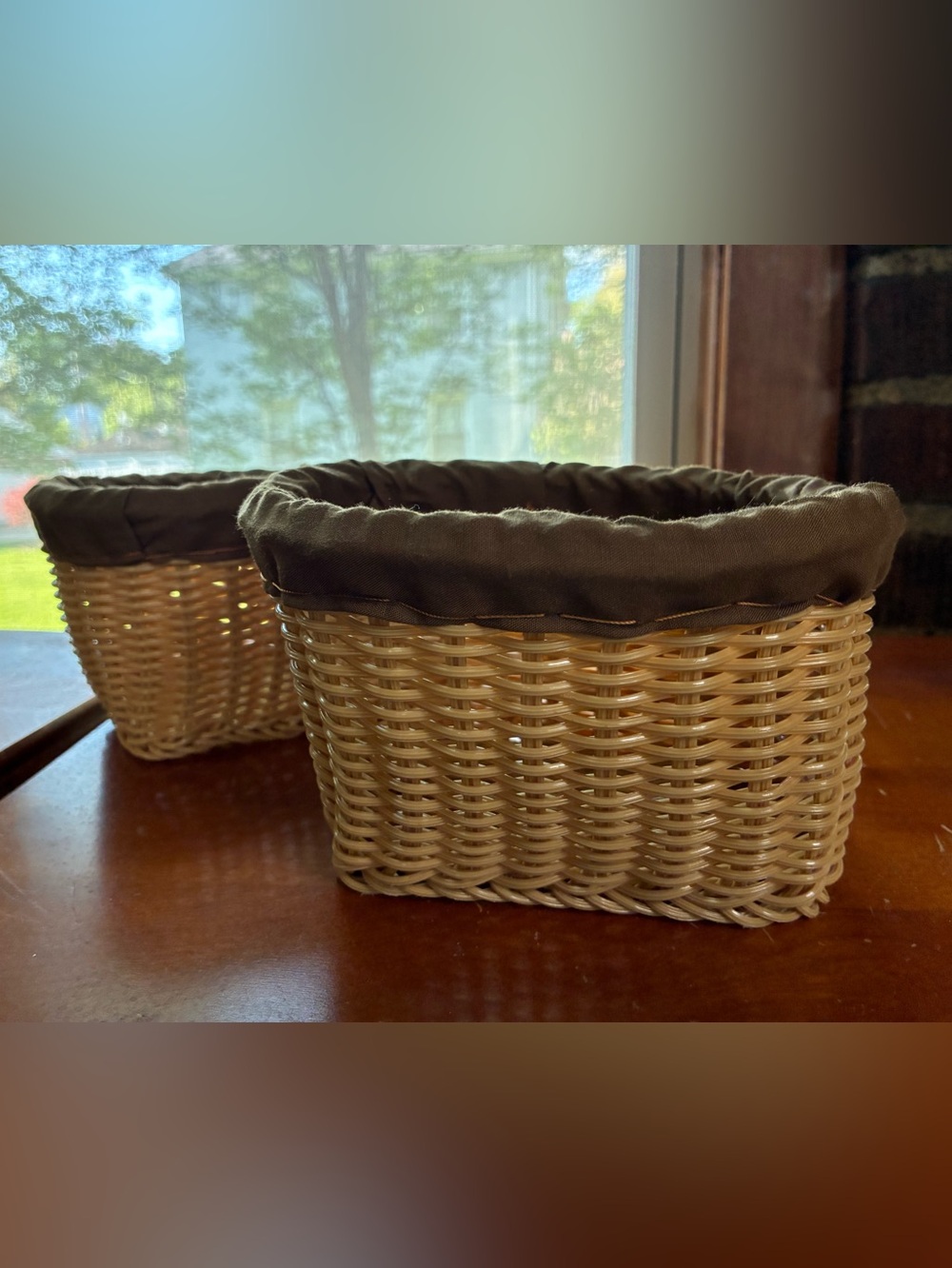 Woven Rattan Storage Basket with Brown Fabric edge set of 2